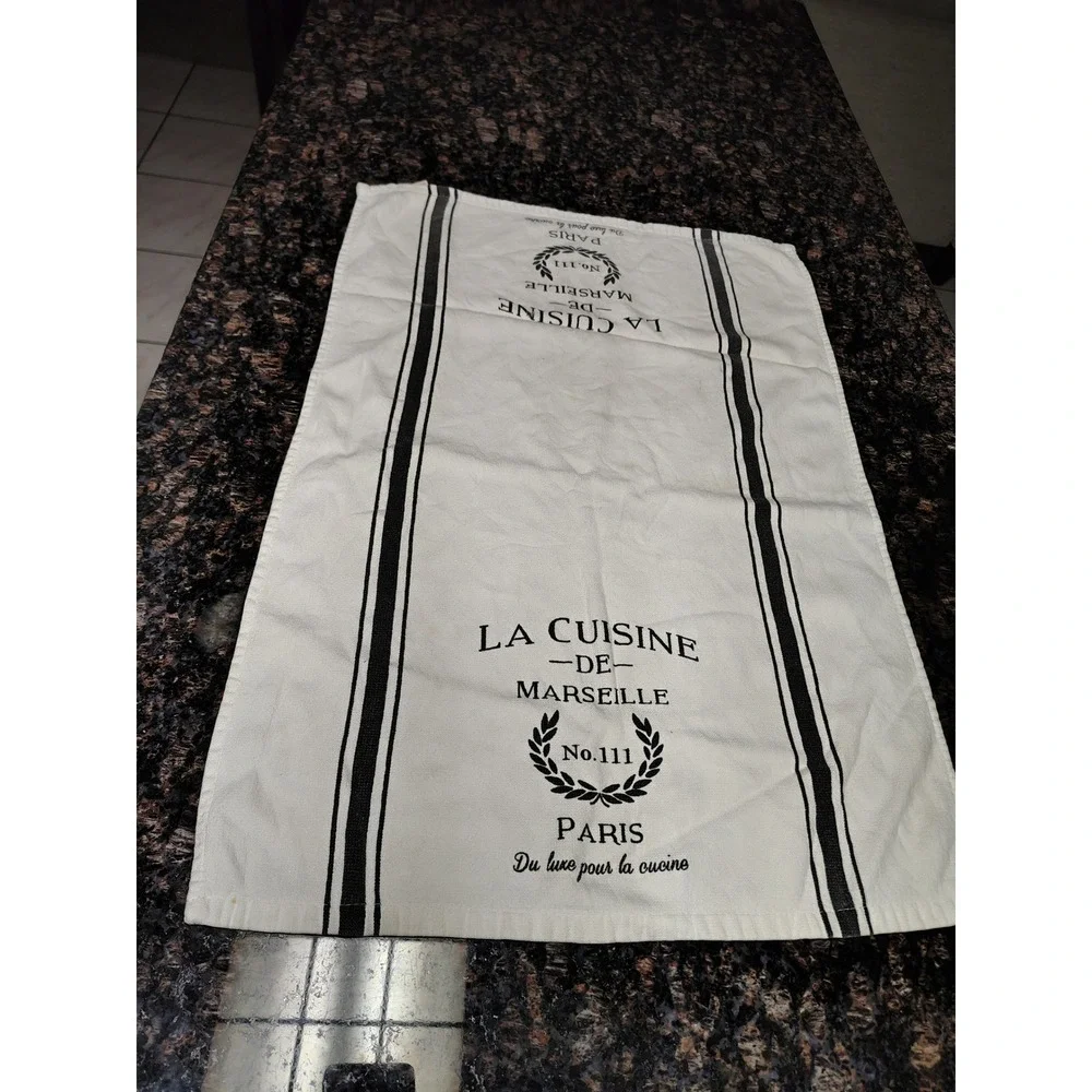La Cuisine de Marseille French Bistro Cotton Kitchen Towel White Black Stripe